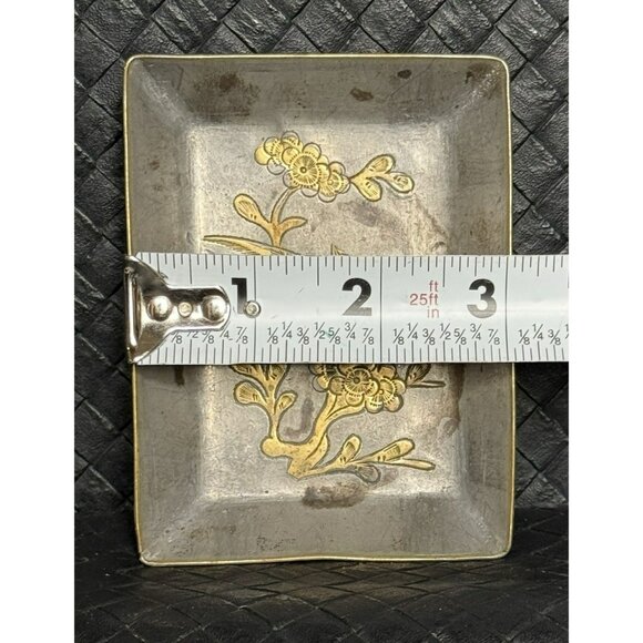 Vintage Metal Trinket Tray Hand Etched Bird Cherry Blossom Design 4 Inc By 3 In - Picture 8 of 8